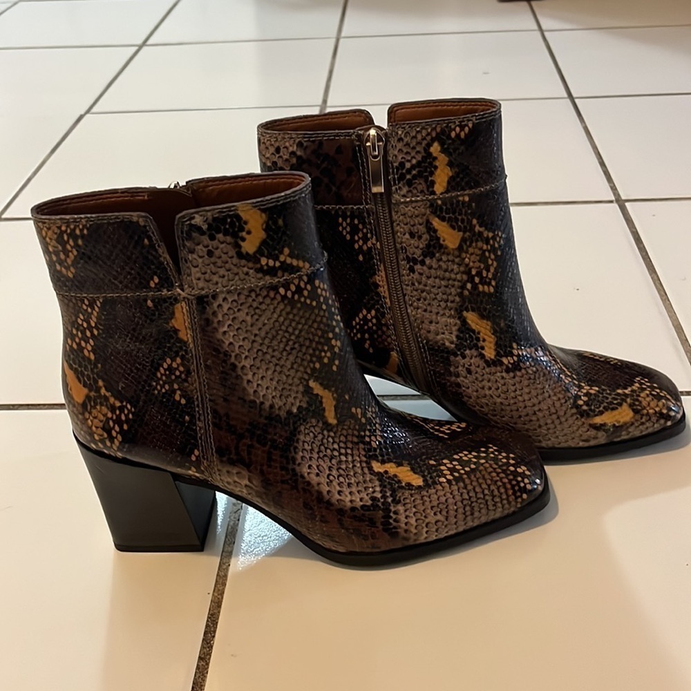 Franco Sarto Snakeskin Block Heel Square Toe Generous Bootie. - Picture 12 of 14